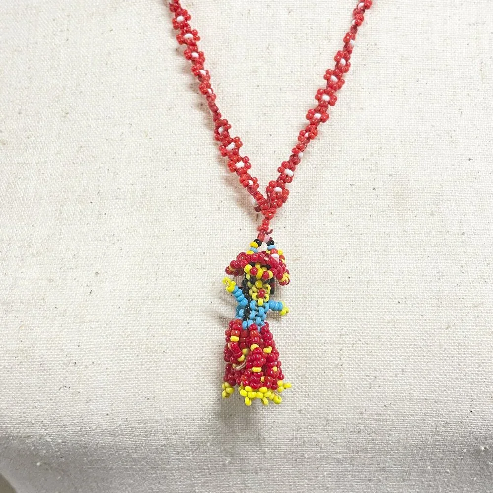 Handmade‎ Beaded Folk Art Necklace | Colorful Boho Woman Pendant | Red Seed Bead